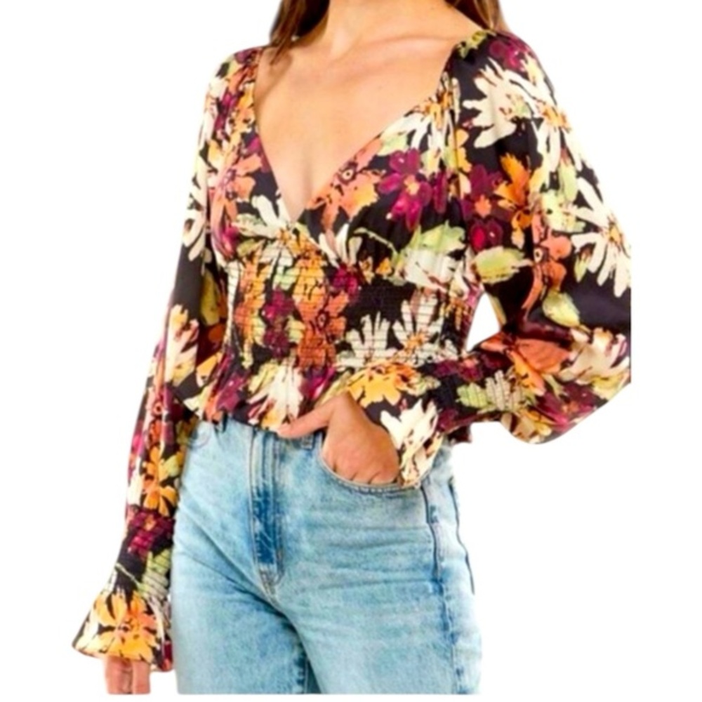WAYF Black & Orange Painted Daisies Smocked Waist Long Sleeve Top Size Large